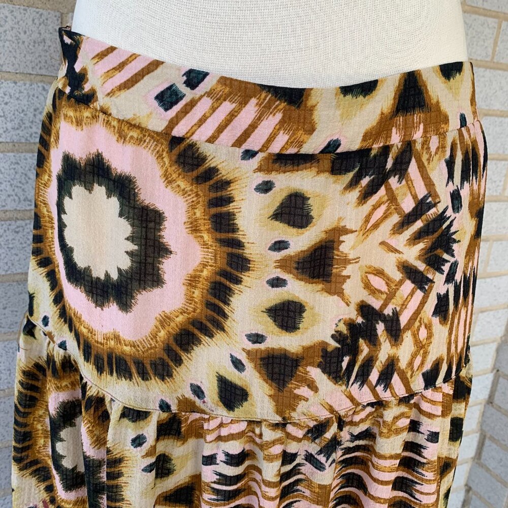 RACHEL ZOE ABSTRACT TIERED MAXI PRAIRIE SKIRT SIZE L HALF LINED PINK BROWN - Picture 3 of 9